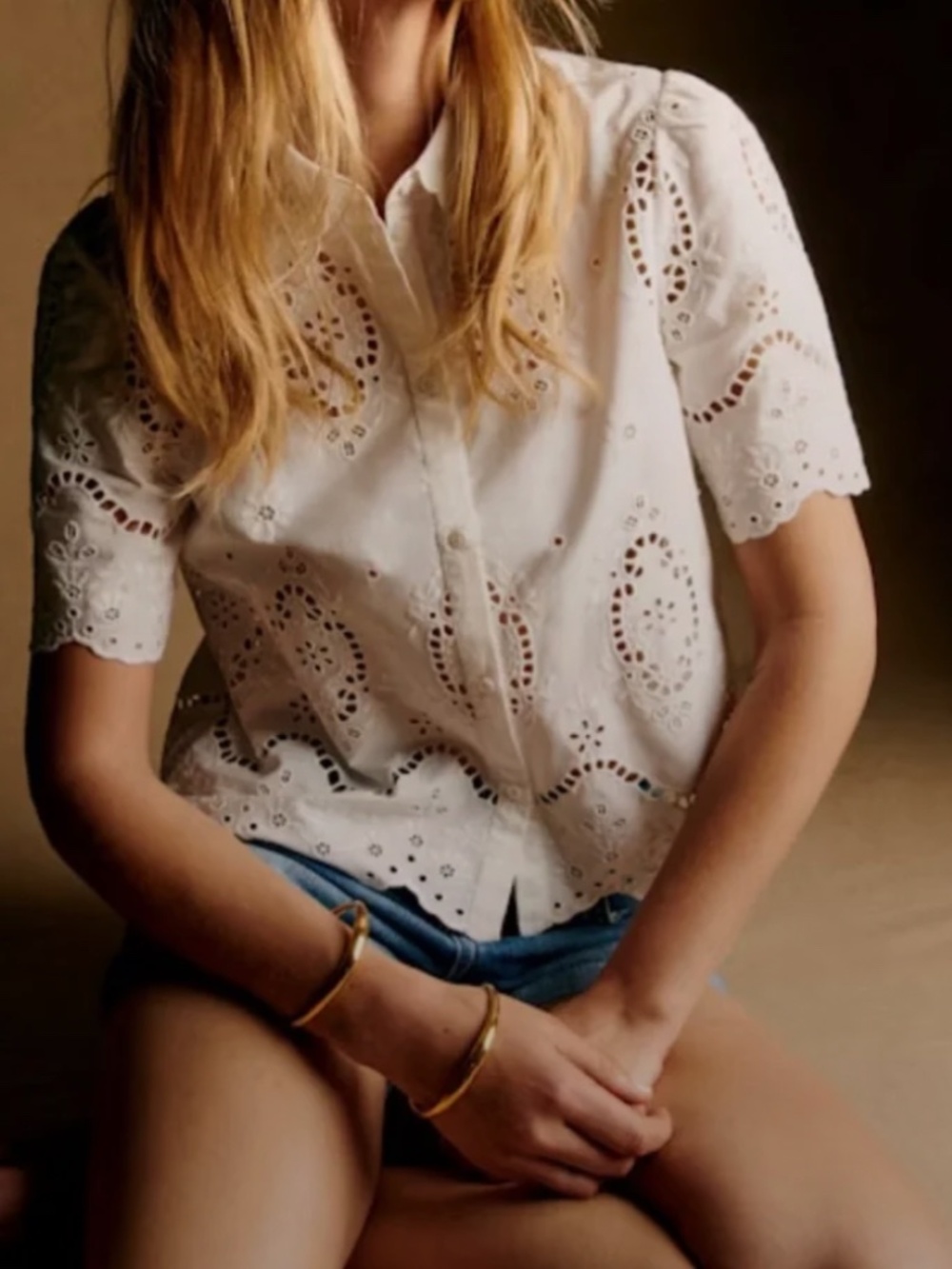 Sezane White Eyelet Button-Down Shirt